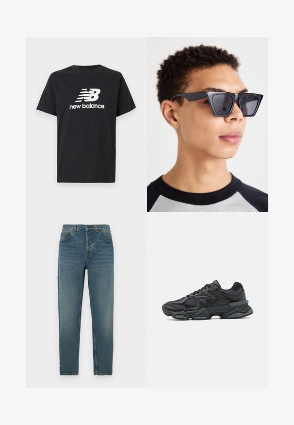 Crni pamučni T-shirt s bijelim New Balance logom i grafičkim dizajnom na prednjoj strani. Kratki rukavi i okrugli izrez.; Plave traperice ravnog kroja, izblijedjele strukture, s pet džepova i metalnim gumbom na pojasu.; Crne trkačke tenisice izrađene od kombinacije mrežastih i sintetičkih materijala, s debelim potplatom, zakrivljenim dizajnom i istaknutim brendom sa strane.; Crne kutne sunčane naočale s tamnim lećama, koje imaju hrabar geometrijski dizajn i mat finiš. Nose ih osoba s kratkom kosom.