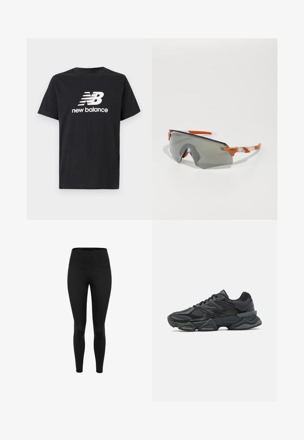 Černé bavlněné tričko s bílým logem a grafickým designem New Balance na přední straně. Krátké rukávy a kulatý výstřih.; Černé legíny vyrobené z elastické látky. Vysoký pás, úzký střih a hladká textura. Bez vzorů a viditelného hardwaru.; Černá běžecká bota s kombinací síťoviny a syntetických materiálů, masivní podešev, zakřivený design a výrazné logo na boku.; Sportovní sluneční brýle se šedými skly, oranžovými doplňky a vzorovanými bílými rameny. Navrženy pro výkon s obepínajícím tvarem.