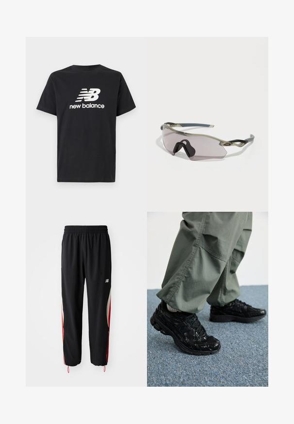 Mustvalge t-särk, millel on ees valge New Balance'i logo ja graafiline disain. Lühikesed varrukad ja ümar kaelus.; New Balance IN GAME TRACK PANT - Dresside alumine osa - black; Mustad mustad jooksukingad läikiva ja võrgumaterjaliga tekstuuriga, paksu tallaga ja paeltega, koos lodevate oliiviroheliste cargo-pükstega.; Prillid läbipaistva halli raami, toonitud objektiivide ja nurkadega disainiga. Omab eristuvat ninaosa ja tekstureeritud tumeda halli kõrvaklappi.