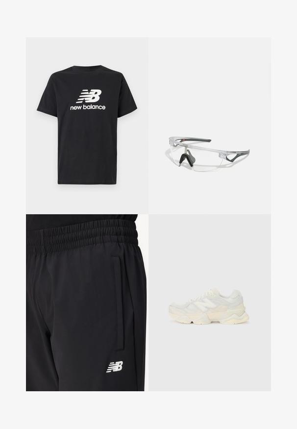 Schwarzes Baumwoll-T-Shirt mit einem weißen New Balance-Logo und Grafikdesign auf der Vorderseite. Kurze Ärmel und Rundhalsausschnitt.; Schwarze Sporthosen mit elastischem Bund, seitlicher Tasche und weißem New Balance-Logo auf dem Oberschenkel.; Leichte Sneaker mit einem Obermaterial aus Mesh und Wildleder in sanften Cremetönen, einer dicken Sohle und dreidimensionalen Akzenten.; Klare Schutzbrille mit einem leichten, transparenten Rahmen und grauen Akzenten. Verfügt über ein umschließendes Design und ein verstellbares Nasenstück.