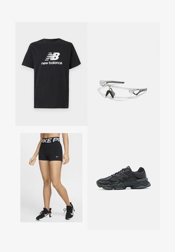 Black cotton T-shirt featuring a white New Balance logo and graphic design on the front. Short sleeves and a crew neck.; Black athletic shorts with a wide waistband featuring "NIKE PRO" in white lettering. A small white Nike swoosh logo is visible on the side.; Black running shoe featuring a mix of mesh and synthetic materials, chunky sole, curved design, and prominent branding on the side.; Clear safety glasses with a lightweight, transparent frame and gray accents. Features a wraparound design and adjustable nosepiece.