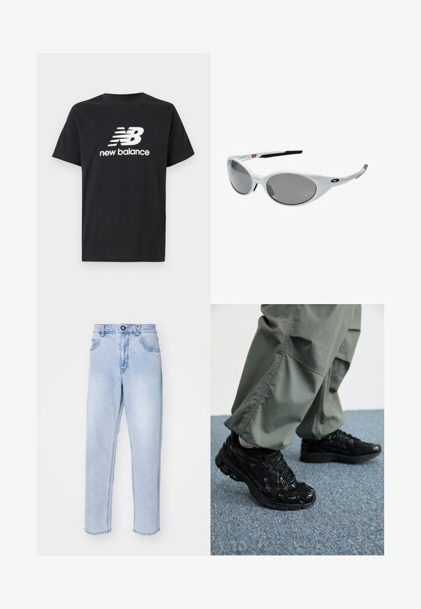 T-shirt en coton noir avec un logo New Balance et un design graphique blancs sur le devant. Manches courtes et col rond.; Jean en denim bleu clair à coupe droite, avec une fermeture à bouton, des poches latérales et un ourlet net sans embellissements.; Baskets de sport noires avec des textures brillantes et en mesh, dotées d'une semelle épaisse et de lacets, assorties à un pantalon cargo ample vert olive.; Lunettes de soleil en plastique blanc avec de grandes lentilles ovales, teintées en gris. Caractéristiques de plaquettes noires et d'un petit logo sur la monture. Fini lisse.