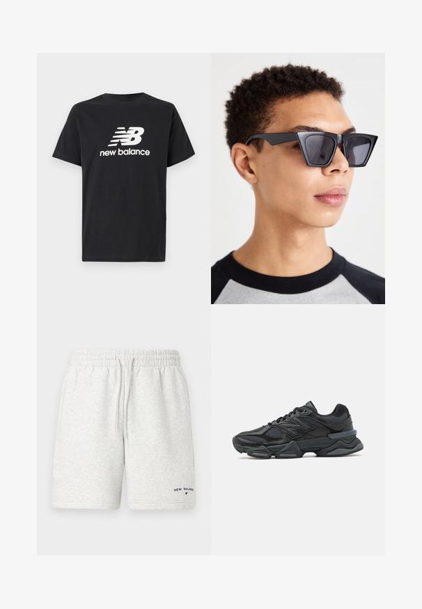 Juodas medvilnės marškinėliai su baltu New Balance logotipu ir grafiniu dizainu priekyje. Trumpi rankoviai ir apvalus kaklas.; Šviesiai pilki sportiniai šortai, pagaminti iš medvilnės mišinio. Elastingas juosmuo su raišteliu. Mažas tamsiai mėlynas "New Balance" logotipas.; Juodas bėgimo batelis, pagamintas iš tinklinės ir sintetinės medžiagos, turintis stambų pado dizainą, kreivą formą ir ryškią prekės ženklą šone.; Juodos kampinės saulės akinių su tamsiais objektyvais, pasižyminčių drąsiu geometriniu dizainu ir matinio paviršiaus apdaila. Juos nešioja žmogus su trumpais plaukais.