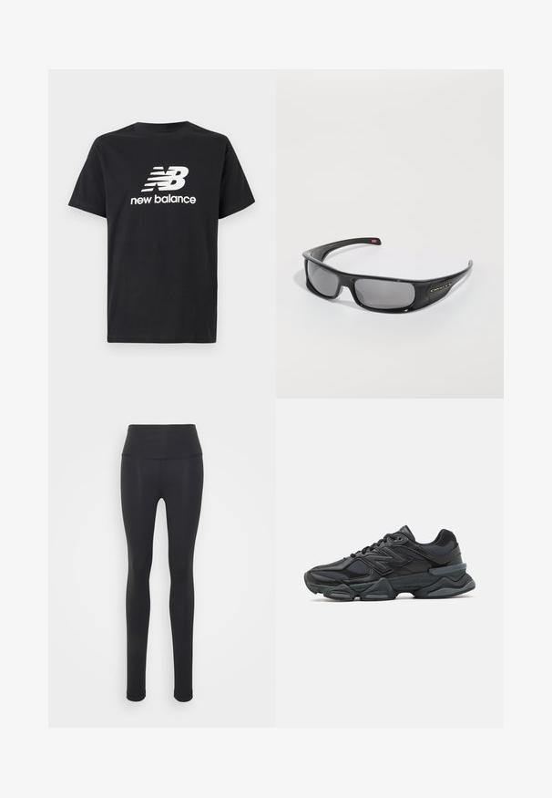 Čierne bavlnené tričko s krátkymi rukávmi a okrúhlym výstrihom, na prednej strane s bielym logom New Balance a grafickým dizajnom.; Čierne legíny vyrobené z elastického materiálu s vysokým pásom, s hladkou textúrou a priliehavým dizajnom. Žiadne vzory ani kovové prvky viditeľné.; Čierna bežecká obuv so zmesou sieťoviny a syntetických materiálov, robustnou podrážkou, zakriveným dizajnom a výrazným logom na boku.; Čierne slnečné okuliare Oakley s obopínajúcim rámom, tmavými obdĺžnikovými sklami a zakrivenými nožičkami na bielom pozadí.