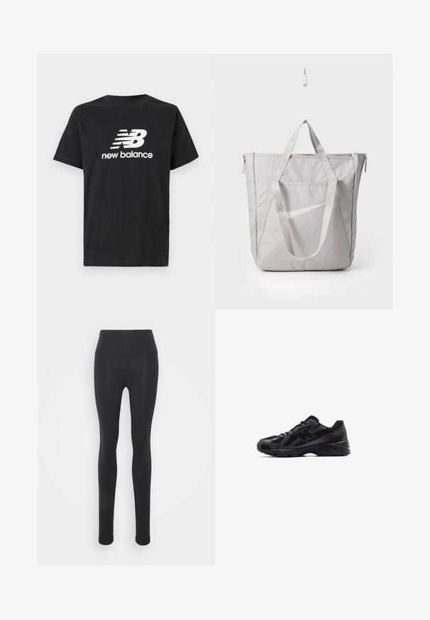 Czarna bawełniana koszulka z krótkim rękawem z białym logo New Balance i wzorem graficznym z przodu. Okrągły dekolt.; Czarne legginsy wykonane z elastycznego materiału, z wysokim stanem, wyróżniające się gładką teksturą i dopasowanym krojem. Brak widocznych wzorów lub elementów metalowych.; Czarne buty sportowe z siateczkową cholewą i syntetycznymi wstawkami, z teksturowaną podeszwą i odblaskowymi akcentami dla lepszej widoczności.; Szara torba na ramię z wzmocnionymi uchwytami, przednią kieszenią na zamek oraz białym logo Nike swoosh. Wykonana z wytrzymałego materiału o gładkiej fakturze.