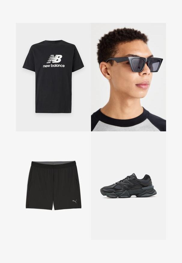 Fekete pamut póló, fehér New Balance logóval és grafikai dizájnnal az elején. Rövid ujjú és kerek nyakú.; Fekete sportnadrág könnyű anyagból. Rugalmas derékpánttal, oldalsó zsebekkel és egy diszkrét szürke logóval az alsó elülső részen.; Fekete futócipő, mely háló és szintetikus anyagok keverékéből készült, vastag talppal, ívelt kialakítással és hangsúlyos logóval az oldalon.; Fekete, szögletes napszemüveg sötét lencsékkel, merész geometrikus dizájnnal és matt felülettel. Egy rövid hajú személy viseli.