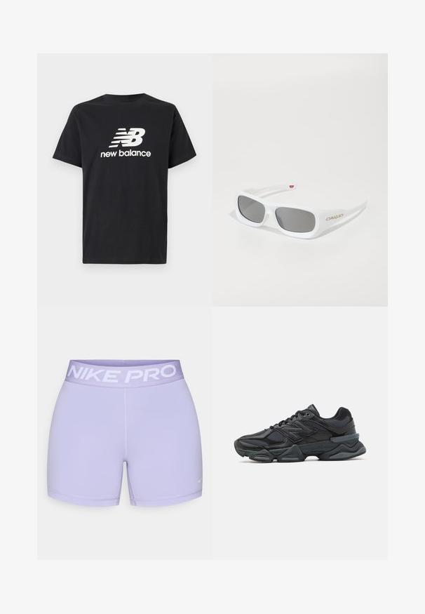 Zwarte katoenen T-shirt met een wit New Balance-logo en grafisch ontwerp op de voorkant. Korte mouwen en een ronde hals.; Lila sportshorts met een brede elastische tailleband met daarop "NIKE PRO" in het wit. Gemaakt van gladde, rekbare stof voor comfort.; Zwarte hardloopschoen met een mix van mesh en synthetische materialen, een stevige zool, gebogen ontwerp en prominente branding op de zijkant.; Witte rechthoekige Oakley-zonnebril met donkere lenzen die op een witte ondergrond liggen, logo zichtbaar aan de zijkant.