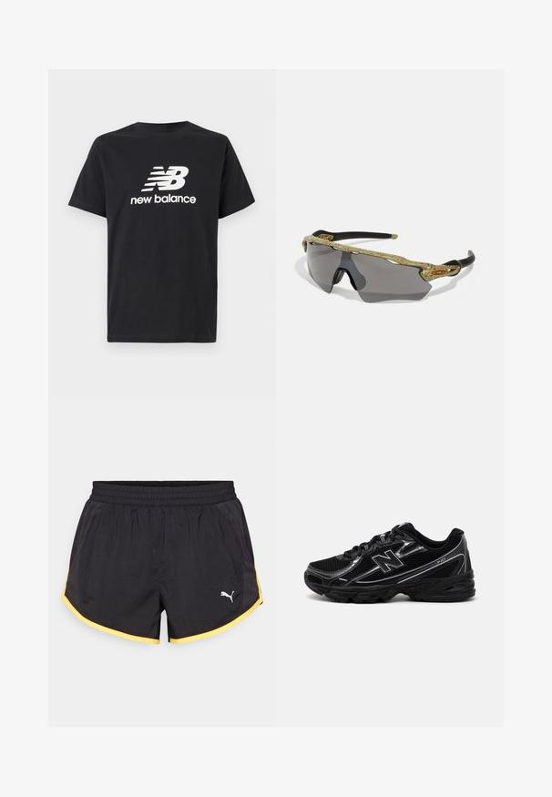 Juodas medvilnės marškinėliai su baltu New Balance logotipu ir grafiniu dizainu priekyje. Trumpi rankoviai ir apvalus kaklas.; Juodi sportiniai šortai su geltonu kraštu, turintys elastingą juosmenį ir šonines tinklelio dalis. Apima baltą logotipą apatiniame kairiajame kampe.; Juoda sportinė avalynė su tinklelio viršumi, sidabriniais akcentais, paminkštintu padu ir raištelių uždarymu. Pabrėžia apvalią nosį ir tekstūruotą padą.; Sportiški akinių nuo saulės rėmeliai su žaliu raštu, juodais šonais ir pilkais objektyvais. Dizainas pasižymi apvaliu stiliumi ir ryškiu, sportišku pavidalu.
