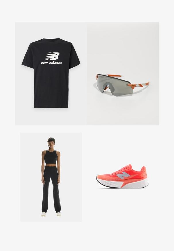 Black cotton T-shirt featuring a white New Balance logo and graphic design on the front. Short sleeves and a crew neck.; On STUDIO - Leggings - black; Lightweight running shoe in bright coral with mesh upper and silver logo. Distinctive textured white midsole and black rubber outsole.; Sport sunglasses with a gray lens, orange accents, and patterned white arms. Designed for performance with a wraparound shape.