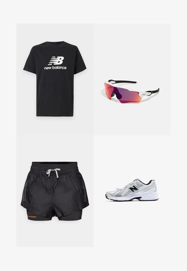 Fekete pamut póló, fehér New Balance logóval és grafikai dizájnnal az elején. Rövid ujjú és kerek nyakú.; Fekete sportos rövidnadrág, textúrált külső réteggel, hálós betétekkel és belső, passzos réteggel. Jellemzője az elasztikus derékrész, húzózsinórral.; Ezüst sportcipő hálós anyaggal, fekete kiegészítőkkel, perforált dizájnnal és párnázott fehér talppal. Kiemelkedő 'N' logóval rendelkezik.; Sport napszemüveg fehér kerettel, fekete részletekkel és nagyméretű, lila és narancs közötti árnyalatokban fokozatosan színezett napellenzővel. Aerodinamikus és stílusos kialakítás jellemzi.