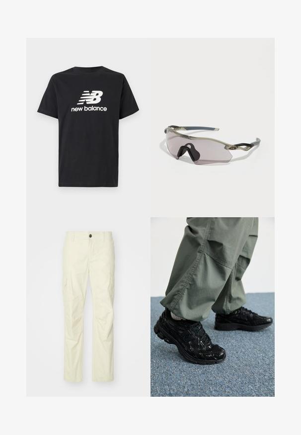Juodas medvilnės marškinėliai su baltu New Balance logotipu ir grafiniu dizainu priekyje. Trumpi rankoviai ir apvalus kaklas.; Šviesiai rudos spalvos cargo kelnės, pagamintos iš lengvo audinio, su šoninėmis kišenėmis, mygtuko užsegimu ir tiesiomis kojomis. Lygi tekstūra su pritaikytais siūlėmis.; Juodi sportiniai bateliai su blizgiu ir tinkliniu tekstūromis, turintys storą pado ir raištus, derinami su laisvomis alyvuogių spalvos kargo kelnėmis.; Akiniai nuo saulės su permatomu pilku rėmu, tonuotais lęšiais ir kampuotu dizainu. Savybės - išskirtinė nosies dalis ir tekstūruoti tamsiai pilki šventyklų galai.