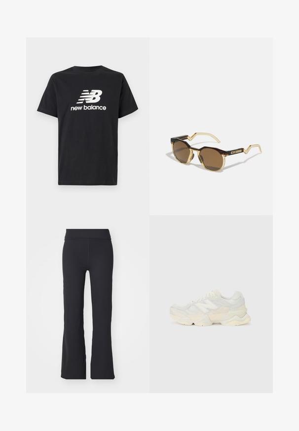 T-shirt en coton noir avec un logo New Balance et un design graphique blancs sur le devant. Manches courtes et col rond.; Pantalons évasés noirs en tissu extensible avec une taille haute. Présente des lignes épurées et une texture lisse, adaptés pour un look décontracté.; Sneaker léger avec une tige en maille et en daim dans des teintes crèmes douces, doté d'une semelle épaisse et d'accents tridimensionnels.; Lunettes de soleil brunes et rondes avec une monture écaille de tortue et claire jaune pâle, des branches angulaires et des détails texturés sur les branches.