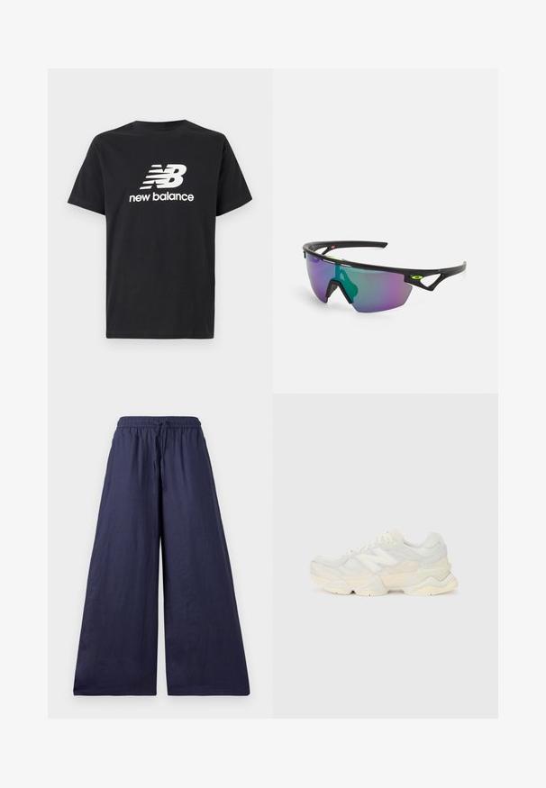 Black cotton T-shirt featuring a white New Balance logo and graphic design on the front. Short sleeves and a crew neck.; Navy wide-leg trousers with an elastic waistband, drawstring detail, and soft, light fabric. Simple, flowing design without embellishments.; Lightweight sneaker featuring a mesh and suede upper in soft cream tones, with a chunky sole and three-dimensional accents.; Sport sunglasses with a black frame, large gradient lens featuring purple and green hues, and angular design accents with logo detail.