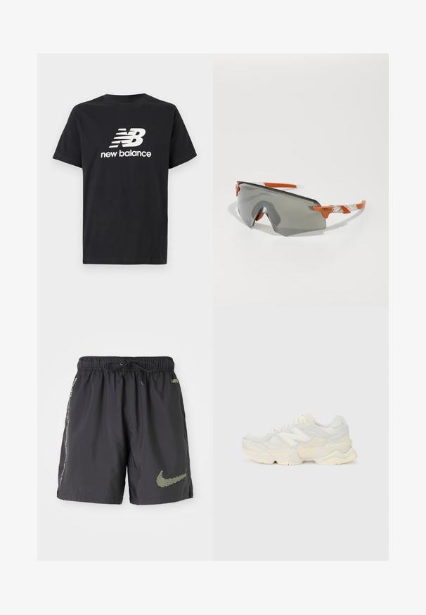 Melnas kokvilnas T-krekls ar balto New Balance logotipu un grafisko dizainu uz priekšpuses. Īsas piedurknes un apaļa kakla izgriezuma forma.; Melnas vieglas peldbikses ar elastīgu jostasvītru, auklu un neona dzeltenu Nike logotipu. Iespējas sānu kabatām un atstarotājiem.; Vieglas sporta apavus ar sieta un zamšādas augšdaļu maigos krēma tonī, ar masīvu zoli un trīsdimensionāliem akcentiem.; Sporta saulesbrilles ar pelēkiem stikliem, oranžiem akcentiem un rakstainām baltām kājām. Izstrādātas veiktspējai ar apņemjo formu.