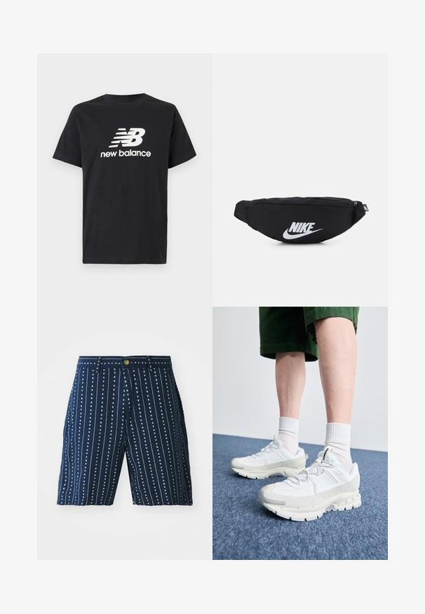 Melnas kokvilnas T-krekls ar balto New Balance logotipu un grafisko dizainu uz priekšpuses. Īsas piedurknes un apaļa kakla izgriezuma forma.; Jūras zili šorti ar vertikālām baltām svītrām un mazām sirdīšu apdrukām, ar pogu aizdari un jostas cilpiņām. Izgatavoti no viegla auduma.; Baltas sporta apavi ar teksturētām detaļām, masīvu zoli un pelēkiem akcentiem. Valkāti ar baltiem zeķu pēdu apģērbiem un zaļām šortiem uz zilas virsmas.; Melnas neilona jostas somiņa ar rāvējslēdzēja aizdari, kurai ir liels balts Nike logo. Gluda tekstūra un ergonomisks dizains ērtai valkāšanai.