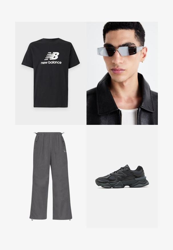 Črna bombažna majica s kratkimi rokavi, ki na sprednji strani prikazuje belo ikono New Balance in grafični dizajn. Ima okroglo izrezo.; Sive široke hlače iz mehkega materiala. Imajo elastičen pas, stranske žepe in zadrge na robovih. Preprost dizajn z minimalnimi podrobnostmi.; Črne tekaške superge, ki združujejo mrežaste in sintetične materiale, imajo debel podplat, ukrivljen oblikovni slog ter izrazito blagovno znamko na strani.; Angularne sončne očala s sivim tonom in srebrnim okovjem, postavljena na svetli podlagi. Leče imajo edinstveno geometrijsko obliko.