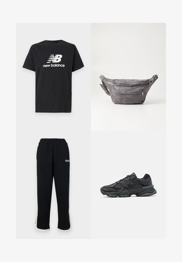 Black cotton T-shirt featuring a white New Balance logo and graphic design on the front. Short sleeves and a crew neck.; Black sweatpants with an elastic waist, white side stripes, and a small logo on the front. Made from a soft, textured fabric.; Black running shoe featuring a mix of mesh and synthetic materials, chunky sole, curved design, and prominent branding on the side.; Gray suede fanny pack with a rounded shape, two zippered compartments, and adjustable strap. Features metal hardware accents.