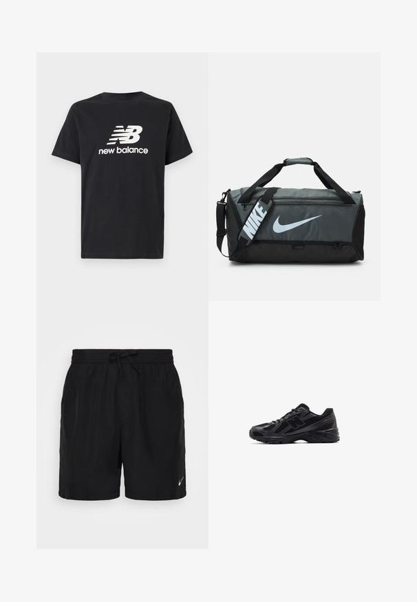 Černé bavlněné tričko s bílým logem a grafickým designem New Balance na přední straně. Krátké rukávy a kulatý výstřih.; Černé sportovní šortky vyrobené z lehké tkaniny, s elastickým pasem na šňůrku a malým bílým logem Nike v pravém dolním rohu.; Černé sportovní boty s síťovaným svrškem a syntetickými prvky, s texturovanou podrážkou a reflexními akcenty pro viditelnost.; Nike sportovní taška s tmavě šedým a černým designem, která má velké bílé logo, dva popruhy a nastavitelný ramenní popruh.