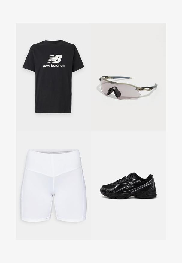 Zwarte katoenen T-shirt met een wit New Balance-logo en grafisch ontwerp op de voorkant. Korte mouwen en een ronde hals.; Witte sportieve shorts van rekbaar materiaal, met een hoge tailleband en platte naden. Gladde textuur zonder zichtbare zakken of patronen.; Zwarte sportschoen met een bovenwerk van mesh, zilveren accenten, een gevoerde zool en vetersluiting. Kenmerkt een ronde teen en een gestructureerde loopzool.; Zonnebril met een doorschijnend grijze frame, getinte lenzen en een hoekig ontwerp. Heeft een kenmerkend neusstuk en gestructureerde donkergrijze tempels.
