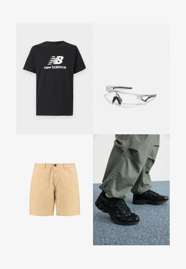 Schwarzes Baumwoll-T-Shirt mit einem weißen New Balance-Logo und Grafikdesign auf der Vorderseite. Kurze Ärmel und Rundhalsausschnitt.; Beige Baumwollshorts mit einem Knopfverschluss, Fronttaschen und Gürtelschlaufen. Schlichtes Design mit geradem Schnitt und glatter Textur.; Schwarze Sport-Sneaker mit glänzenden und Netztexturen, ausgestattet mit einer dicken Sohle und Schnürsenkeln, kombiniert mit lässigen, olivgrünen Cargo-Hosen.; Klare Schutzbrille mit einem leichten, transparenten Rahmen und grauen Akzenten. Verfügt über ein umschließendes Design und ein verstellbares Nasenstück.