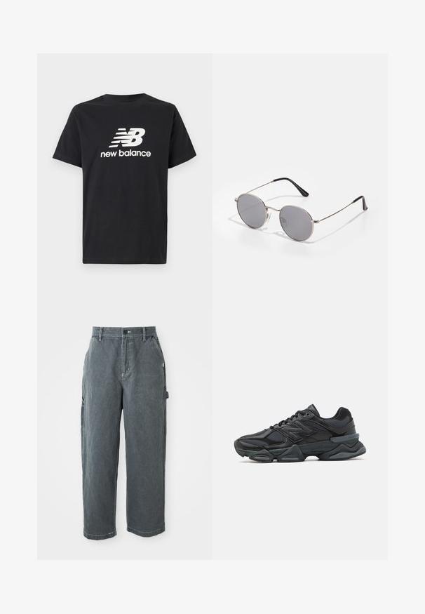 Tricou din bumbac negru cu un logo alb New Balance și un design grafic pe față. Mâneci scurte și guler rotund.; Pantaloni de lucru drepti, gri închis, cu bucle pentru curea, nasture și fermoar în față, buzunare laterale și un cârlig pentru ciocan pe piciorul drept.; Pantofari de alergare negri, cu un amestec de plasă și materiale sintetice, talpă masivă, design curbat și branding proeminent pe lateral.; Ochelari de soare rotunzi cu lentile gri închis, ramă subțire din metal argintiu și silenții din cauciuc negru. Design simplu, fără modele sau accente.