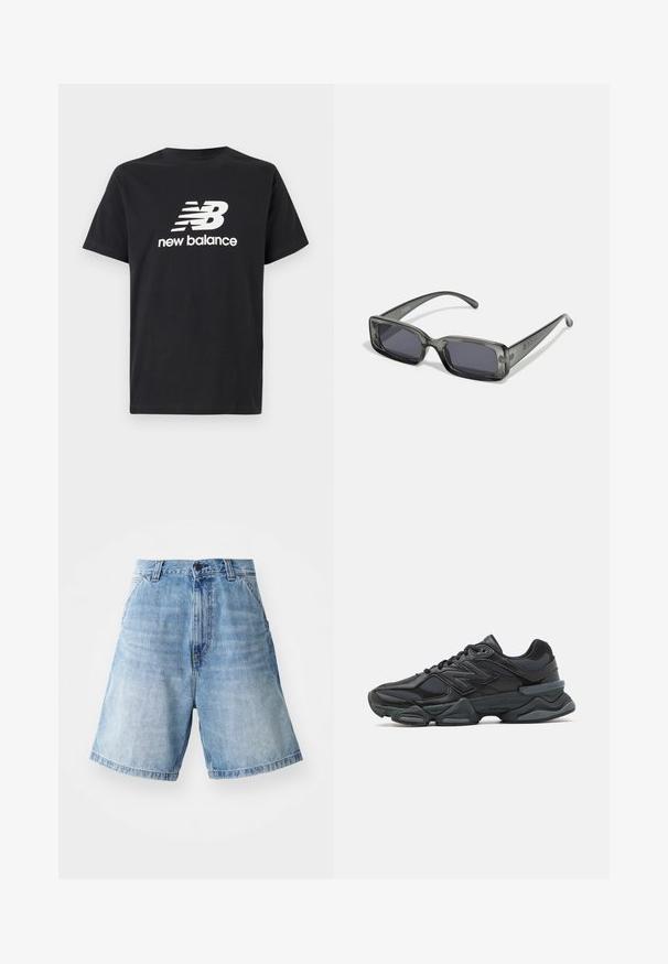 Mustvalge t-särk, millel on ees valge New Balance'i logo ja graafiline disain. Lühikesed varrukad ja ümar kaelus.; Heledad sinine teksapükste lühikesed püksid, millel on mugav lõige, kõrge vöökoht, viie tasku disain ja nähtavad niidijooned.; Mustad mustus jooksukeng, mis sisaldab segu võrgust ja sünteetilisest materjalist, jäme talla, kaarduv disain ja silmapaistev bränding külgedel.; Neljakulmad prillid, millel on läbipaistev tumehall raam, tumedad läätsed ja kitsad sangad. Raamil on märkimisväärne logo.