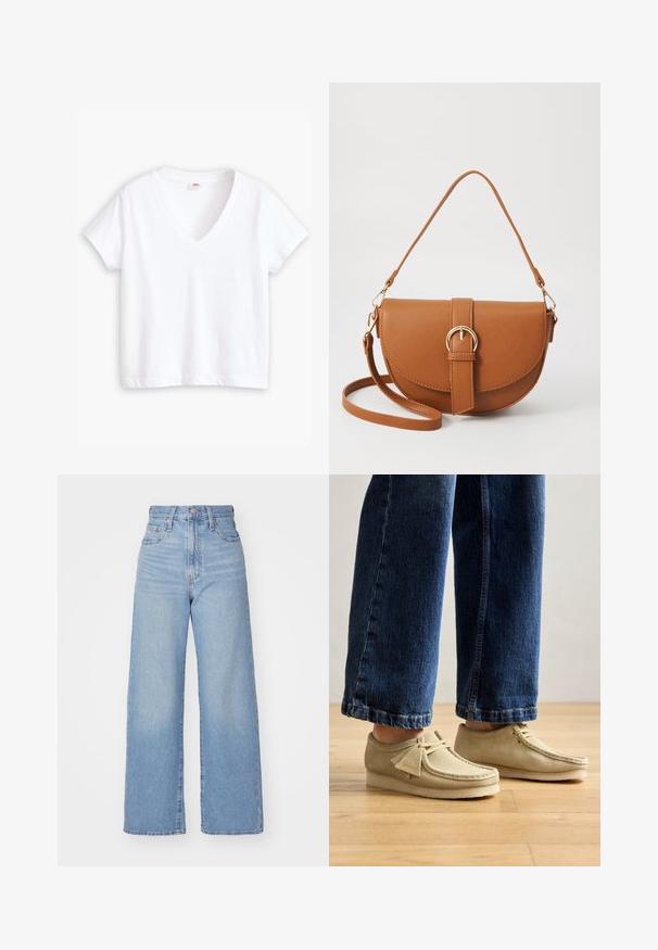Camiseta blanca de algodón con escote en V, mangas cortas y dobladillo recto. Textura suave, diseño minimalista, sin estampados ni acentos.; Jeans de tiro alto y pernera ancha en azul claro, con cierre frontal de botón y cremallera, y bolsillos delantero y trasero, sobre un fondo blanco.; Zapatos de ante beige con puntera redondeada y perfil bajo. Presentan un diseño con cordones y acentos cosidos. Llevados con jeans azules cortos.; Bolso bandolera de cuero marrón con forma curvada, herrajes dorados y un acento de hebilla. Incluye una correa de hombro desmontable.