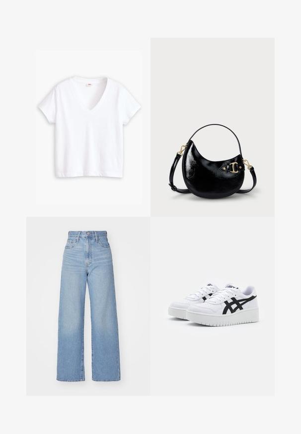T-shirt branca de algodão com decote em V, mangas curtas e bainha reta. Textura suave, design minimalista, sem padrões ou detalhes.; Jeans de cintura alta e perna larga em azul claro, com fecho frontal de botão e zíper, bolsos frontais e traseiros, sobre um fundo branco.; Sapatilhas brancas com uma superfície texturizada, riscas laterais pretas e uma sola branca grossa. Apresentam um design com atacadores e um logótipo na língua.; Bolsa de señora em couro verniz preto com forma curva, alça ajustável e detalhes em metal dourado na lateral. Textura suave e brilhante.