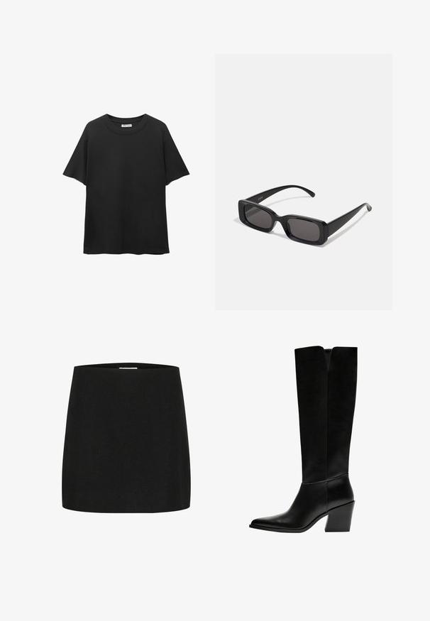Schwarzes T-Shirt aus Baumwolle, mit rundem Halsausschnitt, kurzen Ärmeln und einem lockeren Schnitt sowie einer glatten Textur.; Schwarzer Minirock aus Textilgewebe, mit einem schlichten, geraden Schnitt und ohne sichtbare Verzierungen oder Muster.; Schwarze kniehohe Stiefel aus glattem Leder, mit spitzem Schuhbund, einem Blockabsatz und einem V-förmigen Ausschnitt an der Oberseite.; Schwarze rechteckige Sonnenbrille mit dunklen Gläsern, glänzender Oberfläche, breiten Bügeln und einem klobigen Rahmen-Design. Gravierter Markenname auf einem Bügel.
