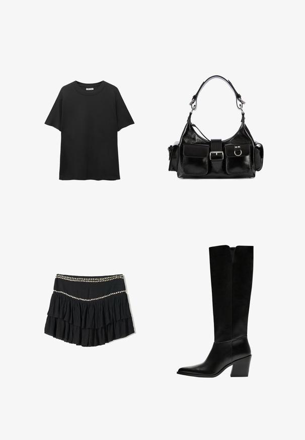 Černé tričko vyrobené z bavlny, s kulatým výstřihem, krátkým rukávem a volným střihem s hladkou texturou.; Černá volánková sukně s vrstveným designem, zdobená řadou stříbrných cvočků podél pasu. Texturované sklady dodávají hloubku.; Černé kozačky po kolena vyrobené z hladké kůže, s špičatou špičkou, blokovým podpatkem a výřezem ve tvaru V na vrchu.; Černá kožená kabelka s lesklým povrchem, se středovou přezkou, dvěma předními kapsami a krátkým ramenním popruhem.