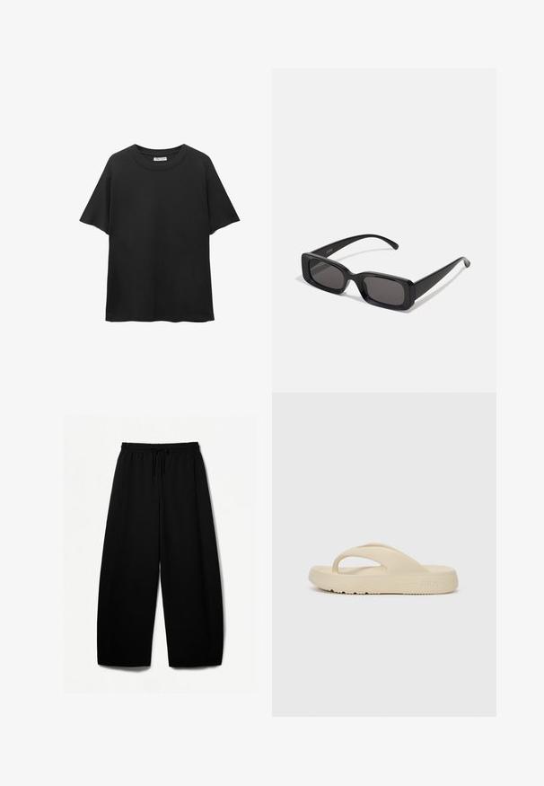 Zwarte T-shirt van katoen, met een ronde halslijn, korte mouwen en een losse pasvorm met een gladde textuur.; Zwarte broek met wijde pijpen, voorzien van een elastische tailleband en een trekkoord. Zachte stof met een gladde textuur. Rechte snit met zijnaad.; Beige flip-flop sandaal gemaakt van rubber, met een enkele teenpost en een dikke zool met een profiel. Gemarkeerd met het Fila-logo.; Zwarte rechthoekige zonnebril met donkere lenzen, glanzende afwerking, brede pootjes en een robuust frameontwerp. Gegraveerde merknaam op één van de pootjes.; Even&Odd Shopper - black