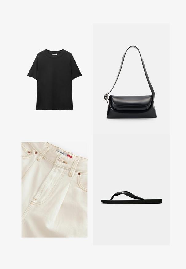 Schwarzes T-Shirt aus Baumwolle, mit rundem Halsausschnitt, kurzen Ärmeln und einem lockeren Schnitt sowie einer glatten Textur.; Cremfarbene Denim-Jeans mit geradem Schnitt, ausgestattet mit Kupferbeschlägen, tonalen Nähten und sichtbaren Seitennähten für Struktur.; Schwarze Gummi-Flip-Flop-Sandale mit einem strukturierten Riemen und einfacher flacher Sohle, von der Seite auf einem schlichten hellen Hintergrund dargestellt.; Schwarze Lederhandtasche mit strukturiertem Design, glatter Textur und einem einzelnen Schulterriemen. Verfügt über ein dezentes, abgerundetes Klappendesign.