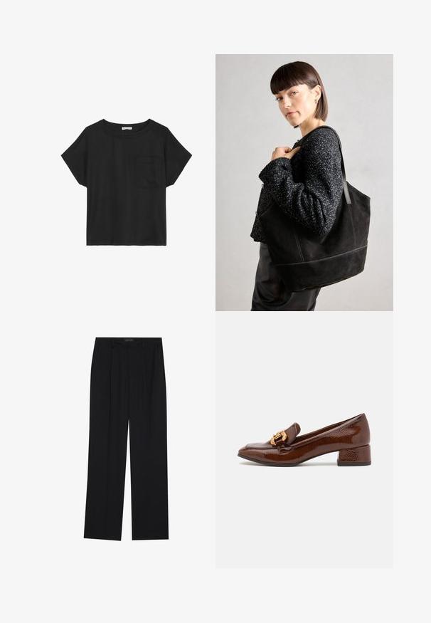 Must mustaga, lühikeste varrukatega T-särk, mis on valmistatud pehmest puuvillast ja millel on ümmargune kaelus. Omab väikest vasakut rinna taskut ja lõdva, vabaltlangeva istuvust.; Mustad püksid sirgjoonelise disainiga, millel on kaks esist taskut ja muudatus. Valmistatud siledast, kergekaalulisest kangast.; Pruunid nahast loafersid läikiva viimistlusega, esiosal dekoratiivne kuldne pannal ja madal plokk konts. Klassikaline disain.; Must mustriga mustekott, millel on sile tekstuur, struktureeritud kuju ja kontrastsed õmblused. Omab pikki rihmasid õlavarre kandmiseks.