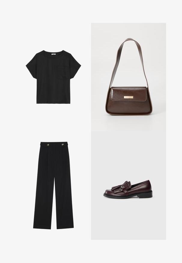 Crna kratka majica s kratkim rukavima od mekanog pamuka s okruglim izrezom. Ima mali džep na lijevoj strani prsnog područja i opušten, širok kroj.; Crne hlače širokih nogavica s visokim strukom, s dugmadi na pojasu i prednjim nabora.; Bordo kožne mokasine s resicama, okruglim vrhom i niskom, čvrstom crnom potplatu. Detaljno šivanje duž potplata.; Smeđa kožna torba za rame sa strukturiranim oblikom, koja ima magnetsko zatvaranje na preklopu i metalni logo akcent na prednjoj strani.