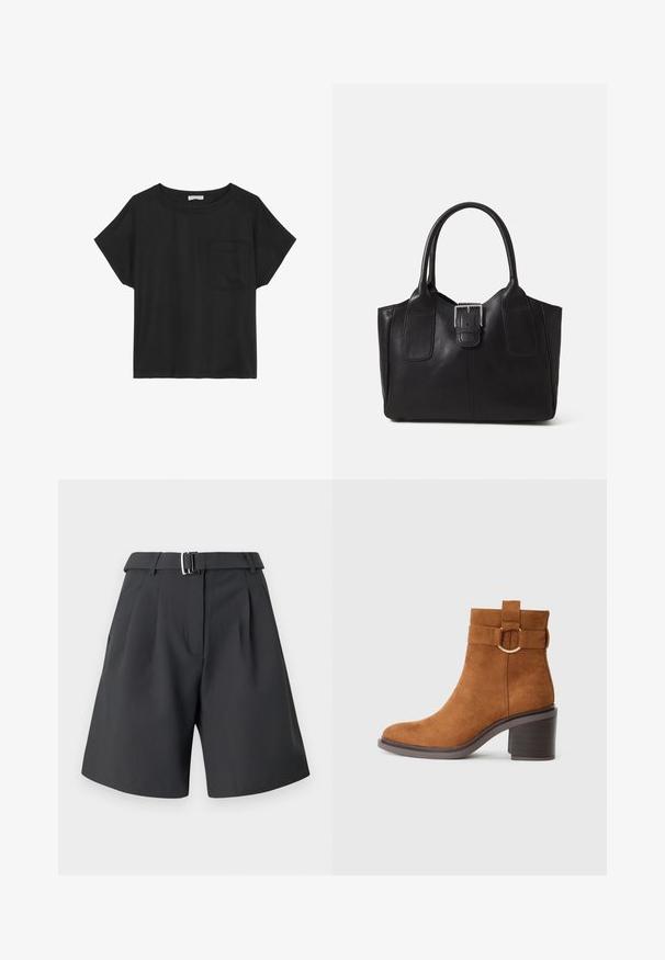 Camiseta negra de manga corta hecha de algodón suave con cuello redondo. Presenta un pequeño bolsillo en el pecho izquierdo y un corte relajado y holgado.; Pantalones cortos gris oscuro de tela suave, con un frente plisado, una cintura definida con una hebilla metálica y bolsillos laterales.; Botín de ante marrón hasta el tobillo con punta redondeada, tacón cuadrado y una correa decorativa con un detalle de hebilla circular.; Bolso tote de cuero negro con textura suave, forma estructurada, dos asas y un prominente detalle de hebilla plateada en la parte frontal.