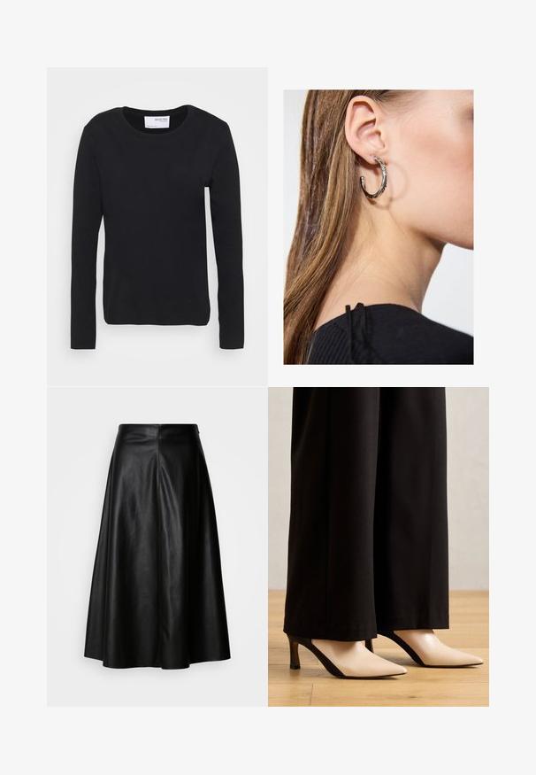 Camisola preta de manga longa feita de algodão macio, com decote redondo e design simples e sem costuras, sem padrões ou detalhes.; Saia de couro preta com um design fluido, até ao joelho, com uma textura suave e um verso estruturado, sem costuras, para um visual elegante.; Saltos agudos em bege e preto com um design elegante, apresentando um bloco de cor contrastante e um pequeno salto resistente.; Brinco de argola prateada com acabamento polido, apresentando pequenos detalhes em dourado e uma forma redonda, usado na orelha.
