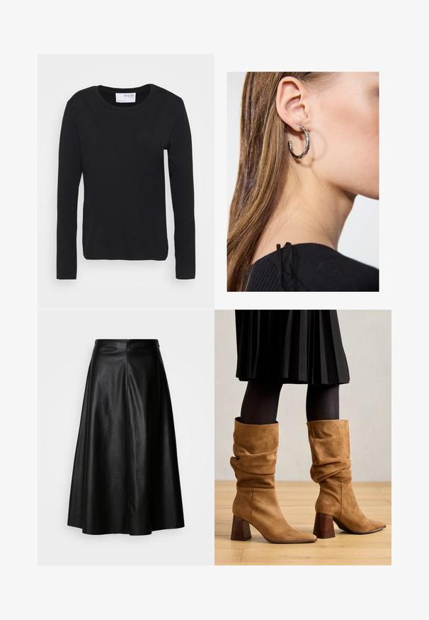 Czarna koszulka z długim rękawem wykonana z miękkiego materiału bawełnianego, z okrągłym dekoltem i prostym, bezszwowym wzornictwem, bez jakichkolwiek wzorów czy dodatków.; Czarna skórzana spódnica o rozkloszowanym kroju, długości do kolan, z gładką teksturą i czystym, szwami ustrukturyzowanym tyłem, dla eleganckiego wyglądu.; Brązowe zamszowe botki z luźnym fasonem sięgające kostki, z ostrymi noskami i drewnianymi obcasami. Noszone z czarnymi rajstopami i plisowaną czarną spódnicą.; Srebrny kolczyk w kształcie koła z polerowanym wykończeniem, z małymi złotymi akcentami, noszony na płatku ucha.