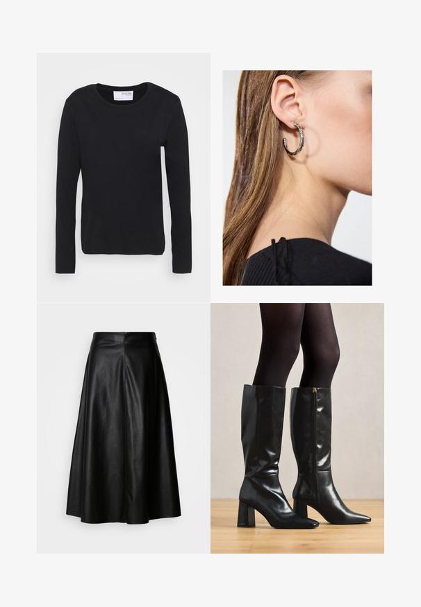Camisola preta de manga longa feita de algodão macio, com decote redondo e design simples e sem costuras, sem padrões ou detalhes.; Saia de couro preta com um design fluido, até ao joelho, com uma textura suave e um verso estruturado, sem costuras, para um visual elegante.; Botas de couro pretas até ao joelho, com um acabamento brilhante, ponta afilada e salto grosso. Detalhe de fecho lateral para facilitar o uso.; Brinco de argola prateada com acabamento polido, apresentando pequenos detalhes em dourado e uma forma redonda, usado na orelha.