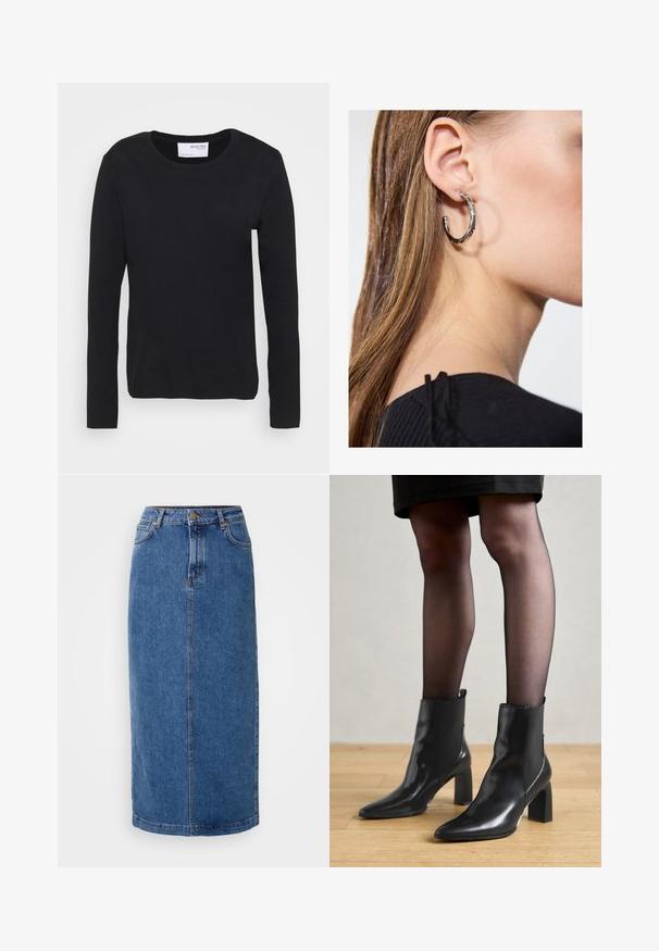 Svart langermet t-skjorte laget av mykt bomullsmateriale, med rund hals og enkelt, sømløst design uten mønstre eller aksenter.; Denimskjørt, knelengde, blåfarge, rett snitt. Har frontlommer, beltehemper og kontrastsømmer på sømmene. Glatt tekstur.; Sorte ankelstøvler i skinn med spiss tå, chunky firkantet hæl, og slank design. Har elastiske sidede paneler for enkel påføring.; Sølv ringøredob med en polert finish, med små gull detaljer og en rund form, båret på øreflippen.