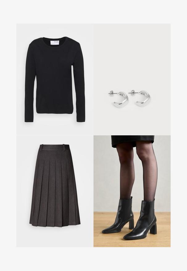 Black long-sleeve t-shirt made from soft cotton material, featuring a crew neckline and simple, seamless design without any patterns or accents.; Gray pleated skirt with a flat waistband, midi length, and a smooth texture, featuring sharp, evenly spaced pleats throughout.; Black leather ankle boots with a pointed toe, chunky square heel, and sleek design. Features elastic side panels for easy wear.; Silver hoop earrings with a smooth, polished finish. Round shape with a slightly curved design and blended edges. Pin back closure.