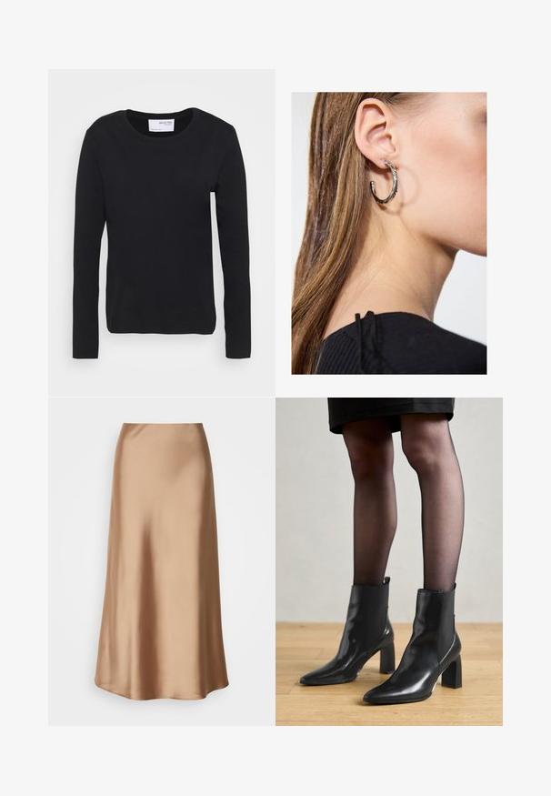 Černé tričko s dlouhým rukávem vyrobené z měkké bavlny, s kulatým výstřihem a jednoduchým, bezšvovým designem bez jakýchkoli vzorů nebo akcentů.; Saténová midi sukně ve světle hnědé barvě, s hladkým, plynulým siluetou a jemným leskem, se mírně rozšířeným lemem.; Černé kožené kotníkové boty s špičatou špičkou, robustním čtvercovým podpatkem a elegantním designem. Obsahují elastické boční panely pro snadné obouvání.; Stříbrný kruhový náušník s lesklým povrchem, zdobený malými zlatými akcenty, v kulatém tvaru, nošený na lalůčku.