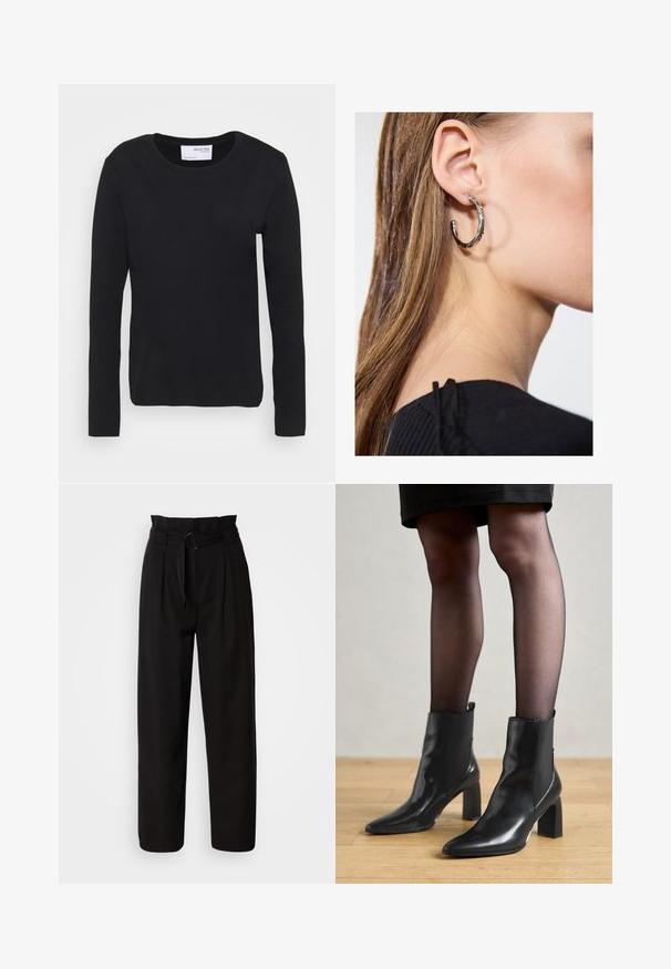 Sort langærmet t-shirt lavet af blødt bomuldsmateriale, med rund halsudskæring og et simpelt, sømløst design uden mønstre eller detaljer.; Sorte højtaljede bukser med brede ben, der har frontfold og et stofbælte med en oval spænde. Glat tekstur og skræddersyet design.; Sorte læderankelstøvler med spids tå, kraftig firkantet hæl og slankt design. Har elastiske sidepaneler for nem påtagning.; Sølv hoop ørestik med en poleret overflade, prydet med små guld accenter og en rund form, båret på øreflippen.