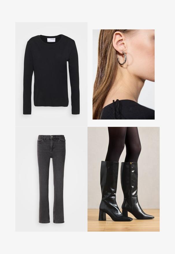 Černé tričko s dlouhým rukávem vyrobené z měkké bavlny, s kulatým výstřihem a jednoduchým, bezšvovým designem bez jakýchkoli vzorů nebo akcentů.; Černé denimové džíny se střihy rovného nohavice, mají přední kapsy, zapínání na zip a decentní prošití. Materiál má mírnou texturu.; Černé kožené boty nad kolena s lesklým povrchem, špičatou špičkou a silným podpatkem. Boční zip pro snadné obutí.; Stříbrný kruhový náušník s lesklým povrchem, zdobený malými zlatými akcenty, v kulatém tvaru, nošený na lalůčku.