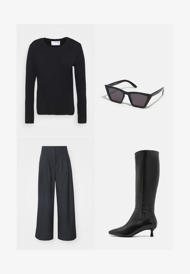 Μαύρη μπλούζα με μακριά μανίκια, φτιαγμένη από μαλακό βαμβακερό υλικό, με στρογγυλή λαιμόκοψη και απλό, χωρίς ραφές σχέδιο χωρίς μοτίβα ή διακοσμητικά.; Anna Field Παντελόνι - dark grey; Zign Μπότες - black; Μαύρα, γωνιώδη γυαλιά ηλίου με γκρι φακούς; κατασκευασμένα από πλαστικό, με χοντρές βραχίονες με λεία επιφάνεια και χωρίς ορατό μηχανισμό.