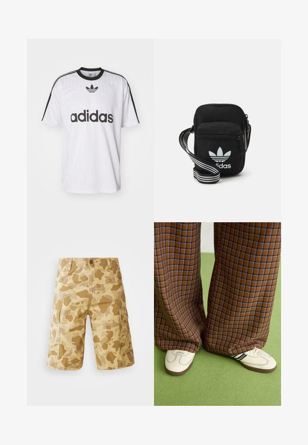 T-shirt Adidas blanc avec des accents noirs, un col rond et un grand logo noir sur le devant. Manches courtes avec des rayures noires. Tissu texturé.; Shorts cargo beiges avec un motif camouflage dans des nuances de brun, présentant des poches latérales, une taille à boutons et une texture à côtes verticales.; Un pantalon large à carreaux marron et bleu associé à des chaussures blanches avec des accents noirs et des semelles texturées, le tout sur fond vert.; Sac bandoulière noir en tissu avec fermeture éclair, arborant un logo Adidas blanc et une sangle réglable rayée pour un port facile.