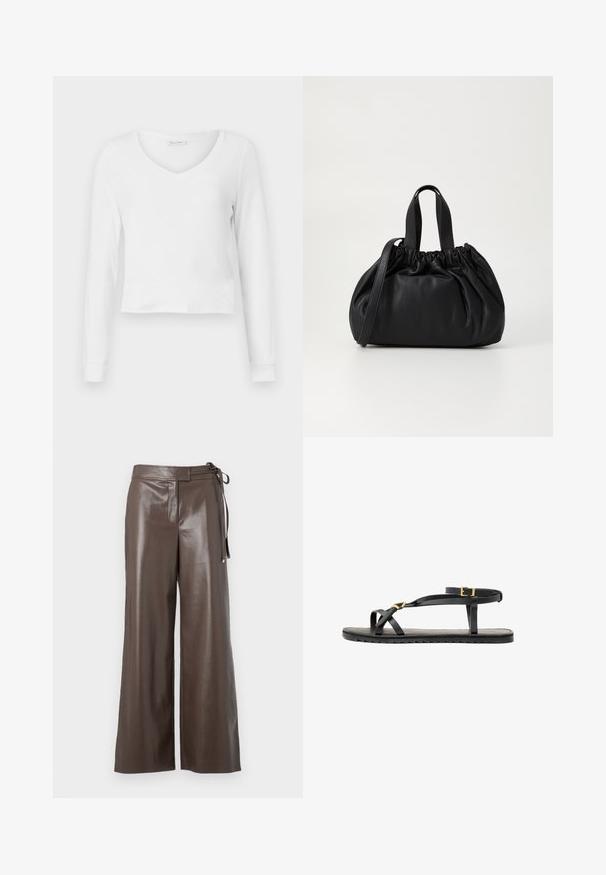 White long-sleeve V-neck cropped shirt with a fitted design and wide cuffs displayed on a plain background.; Brown faux leather wide-leg pants with high waist and side tie detail on a white background.; Black leather sandals with thin straps and a buckled ankle strap. Flat sole with a textured finish and zigzag edge. Minimalist design.; Black leather handbag with a gathered top design, featuring two short handles and a long adjustable strap. Smooth texture, rounded shape.