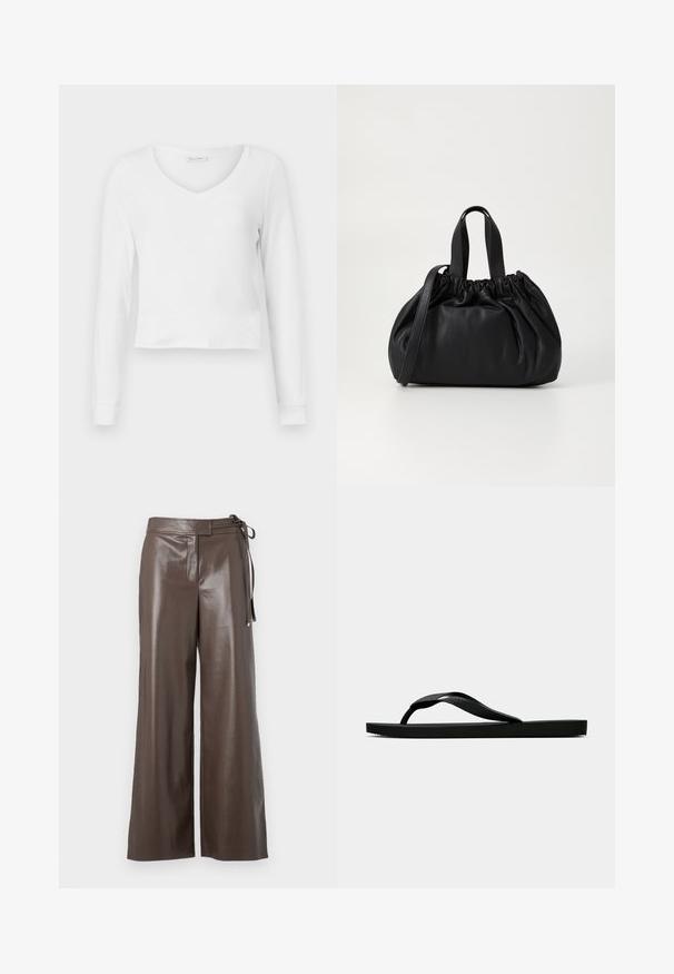 Witte langlopende V-hals cropped shirt met een fitted design en brede manchetten, getoond tegen een effen achtergrond.; Bordeaux faux leren wijdere schoenen met hoge taille en zijstrikdetail op een witte achtergrond.; Zwarte rubberen flip-flop sandaal met een getextureerde strap en een eenvoudige platte zool, zijaanzicht op een effen lichte achtergrond.; Zwarte leren handtas met een geplooid ontwerp aan de bovenkant, voorzien van twee korte handvatten en een lange verstelbare schouderband. Gladde textuur, ronde vorm.