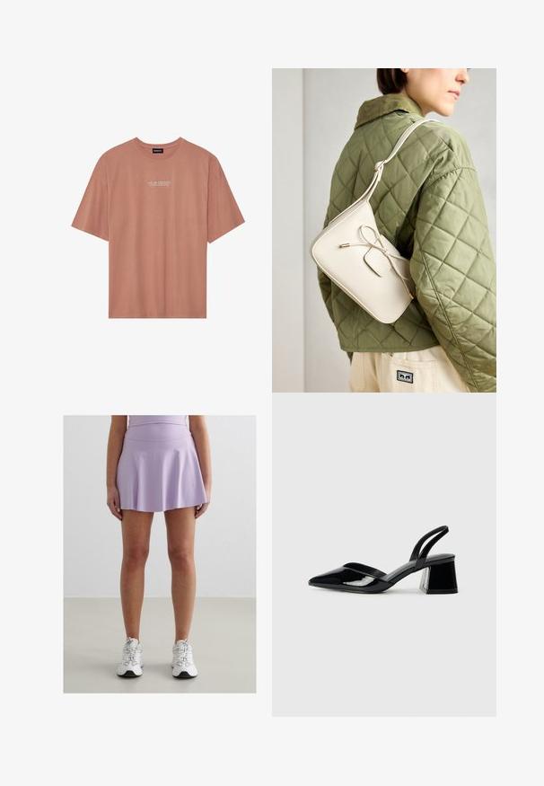 Vaaleanpunainen lyhythihainen t-paita, joka on valmistettu pehmeästä puuvillasta. Siinä on pyöreä pääntie ja etuosassa valkoiset tekstit: "ENERGIAASI on valuuttaa".; Lila urheiluskjortti, jossa on liehuva helma ja joka on valmistettu sileästä, joustavasta kankaasta. Yhdistettynä valkoisiin tennareihin, joissa on harmaita yksityiskohtia.; Mustat patentoitu nahkakengät, joissa on säären takaosa ja terävä kärki, sekä geometrinen palikkakorko. Sisältää tyylikkään, minimalistisen muotoilun ja sileän pinnan.; Beige nahka-olkalaukku, jossa on nauhakiinnitys, kultaiset yksityiskohdat ja yksi säädettävä hihna, joka on puettu vihreän tikatun takin päälle.