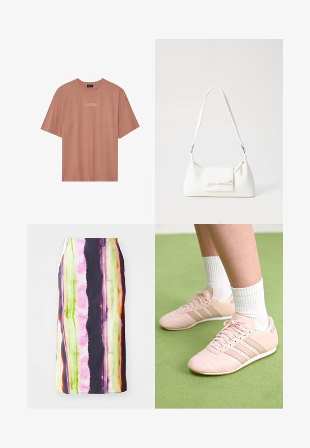 T-shirt rosa claro de manga curta feita de algodão macio. Apresenta um decote redondo e texto branco: "A TUA ENERGIA é a tua moeda" na frente.; Saia colorida de comprimento médio, featuring riscas verticais em rosa, verde, amarelo e roxo. Feita de um tecido suave com um leve brilho.; Ténis atléticos rosa claro com costura diagonal, solas brancas e três riscas laterais. Usados com meias brancas com nervuras sobre uma superfície verde.; Mala sintética branca com formato triangular, aba frontal plana e detalhe de laço, alça ajustável, textura suave e design minimalista.
