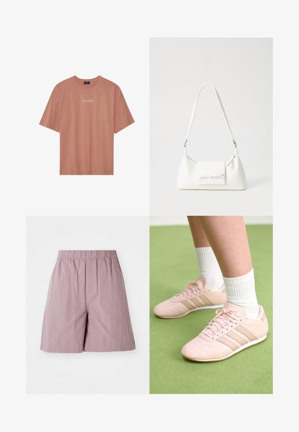 Majica kratkih rukava u nijansi blijedoružičaste, napravljena od mekanog pamuka. Ima okrugli izrez i bijeli natpis: "VAŠA ENERGIJA je vaša valuta" na prednjoj strani.; Svijetloružičaste šortse od teksturiranog materijala s elastičnom gumom u struku i ravnim krojem. Sadrži suptilan uzorak i uredan rub.; Svijetloružičaste atletske tenisice s dijagonalnim šavovima, bijelim potplatima i tri bočne pruge. Nanosene s rebrastim bijelim čarapama na zelenoj površini.; Bijela sintetička torbica s trokutastim oblikom, ravnim prednjim poklopcem i detaljem u obliku mašne, podesivom remenom, glatkom teksturom i minimalističkim dizajnom.